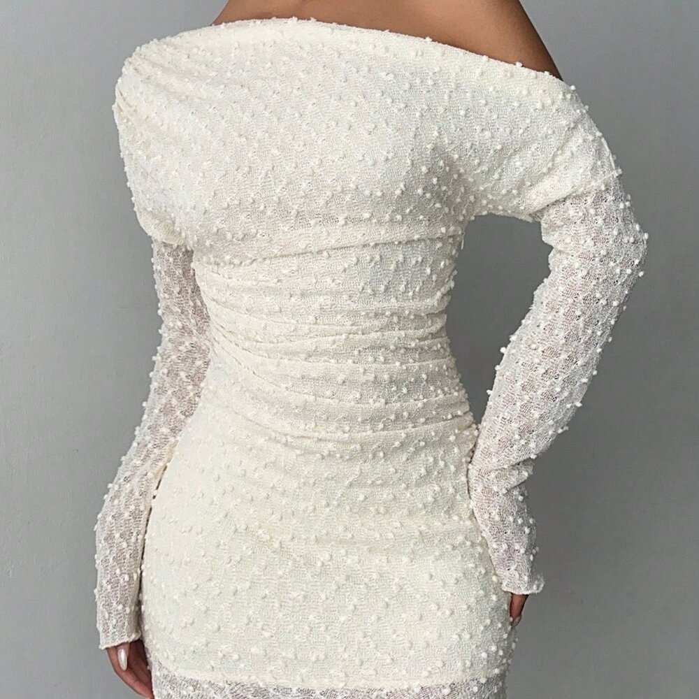 Apricot Elegant Women's Sexy Shoulder Long Sleeve Mini Bodycon Dress - Picture 5 of 7